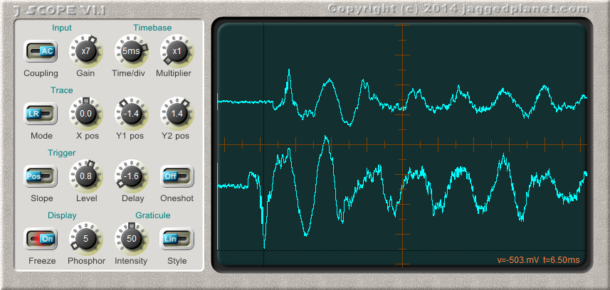 Dual-mic snare drum waveform, using pre-delayed one-shot triggering Oscilloscope showing snare waveform